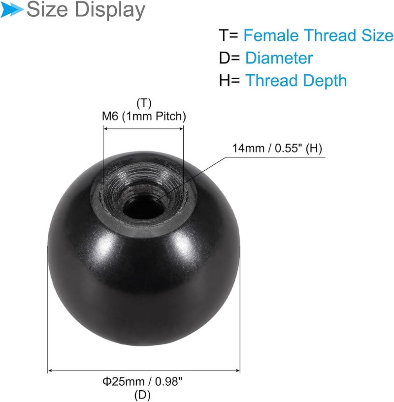 CoCud Thermoset Ball Knobs, M6 Female Thread 25mm Diameter, Plastic Metric Hand Screw Grip Black - (Applications: for Lathe Machinery Lever Handle), 10-Pieces - Image 2